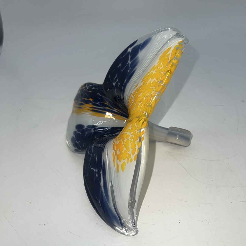 MURANO Style 3 PETAL.NAVY BLUE,WHITE,YELLOW ART GLASS FLOWER-ITALY